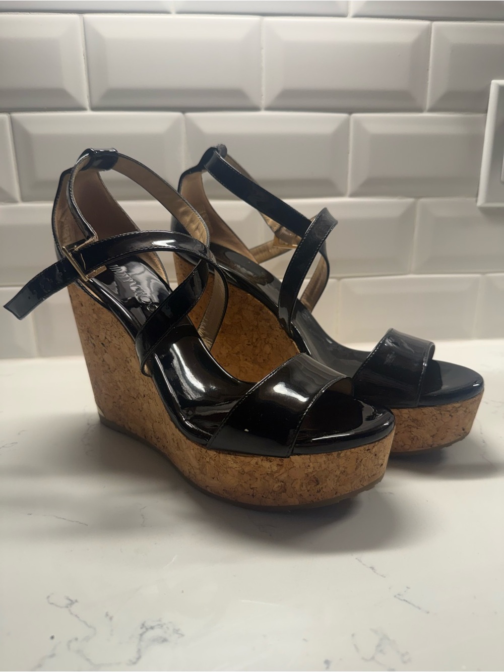 Jimmy Choo Black Patent Cork Wedge Sandals - Women